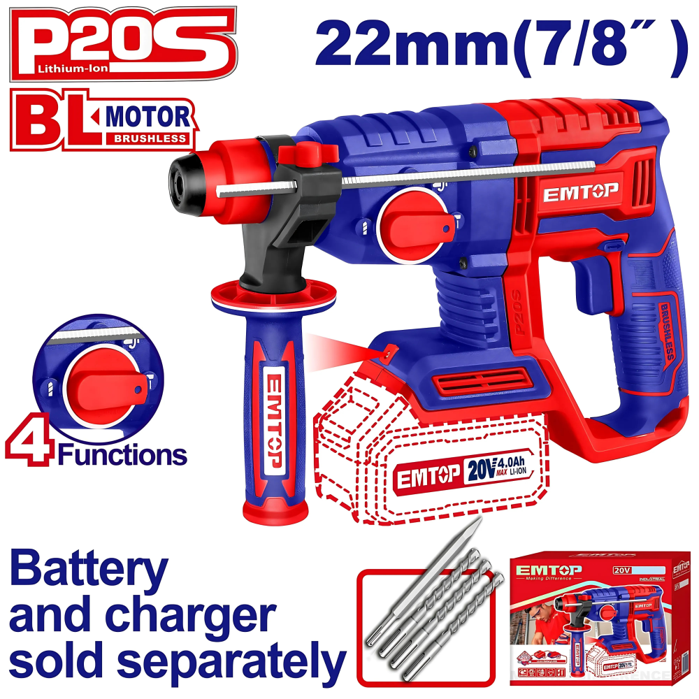 ROTOMARTILLO SDS  PLUS 20V. S/BATERÍAS de Emtop ELAB204282 (ELRH20208)