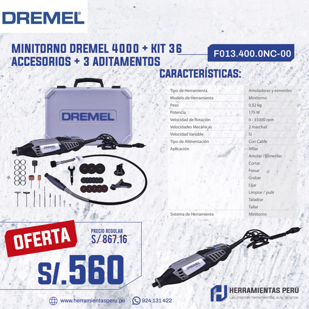 Minitorno Dremel 4000 + kit 36 accesorios + 3 aditamentos
